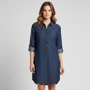 J. GLEE Denim Dress 1/2 Zip Roll Tab Sleeves Collare Blue Dark Wash Size Medium